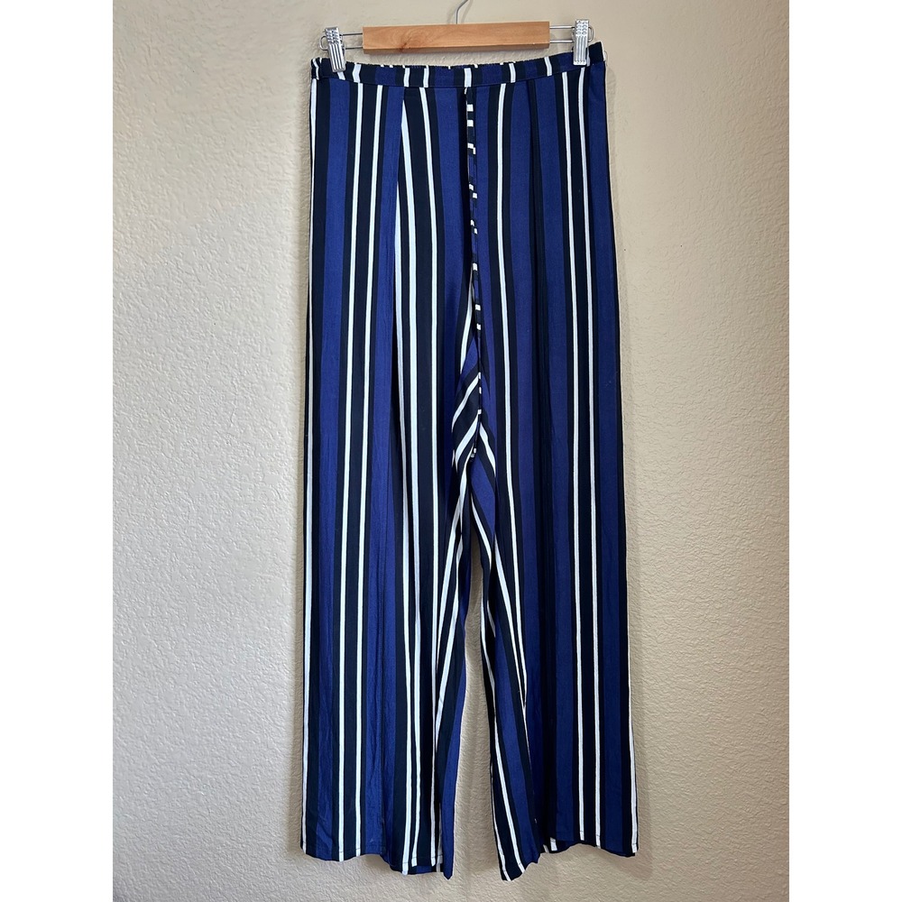 Maeve Anthropologie Navy Blue Striped Wide Leg High Slit Pants XS Coastal Beach